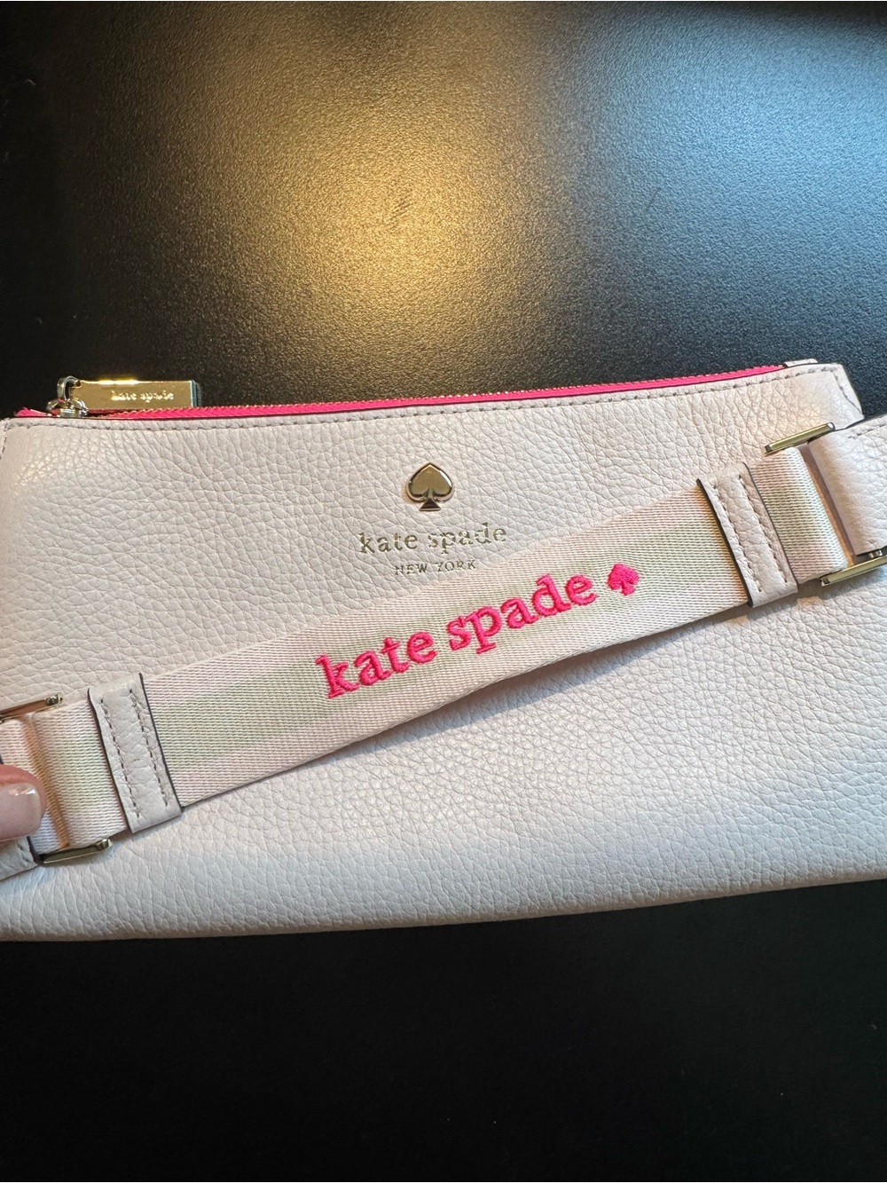 kate spade Pink and Cream Pebbled Leather Wristlet with Branded Strap